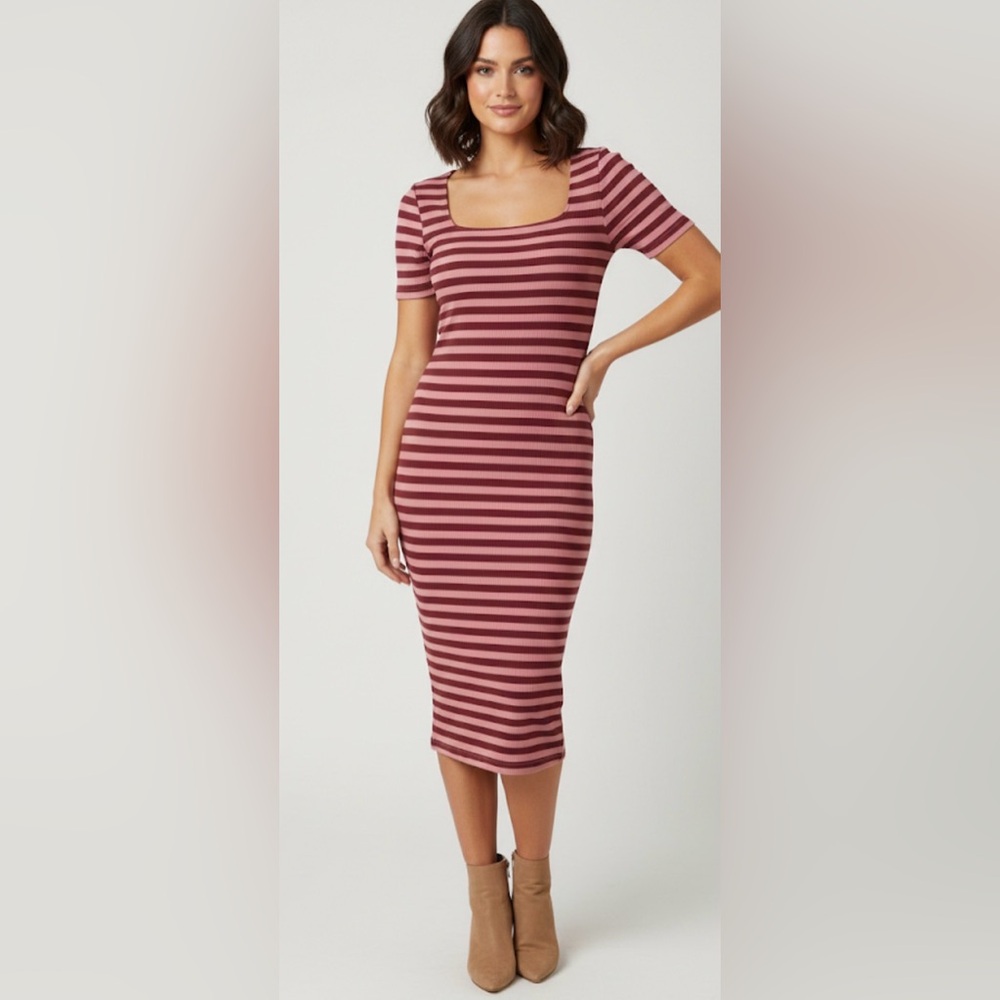 Haley & June  Striped Ribbed Knit Dress - Pink and Burgundy Size Large bodycon